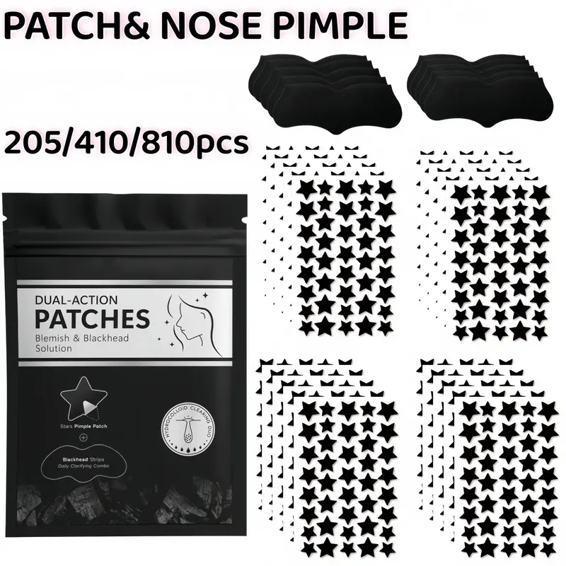 205/410/810pcs Black Star Hydrocolloid Pimple Patch & Nose Strip Combo, Dual-Action Blemish and Blackhead Care Set, Pore Cleansing Nose Strips for Daily Face Care Nose Patches