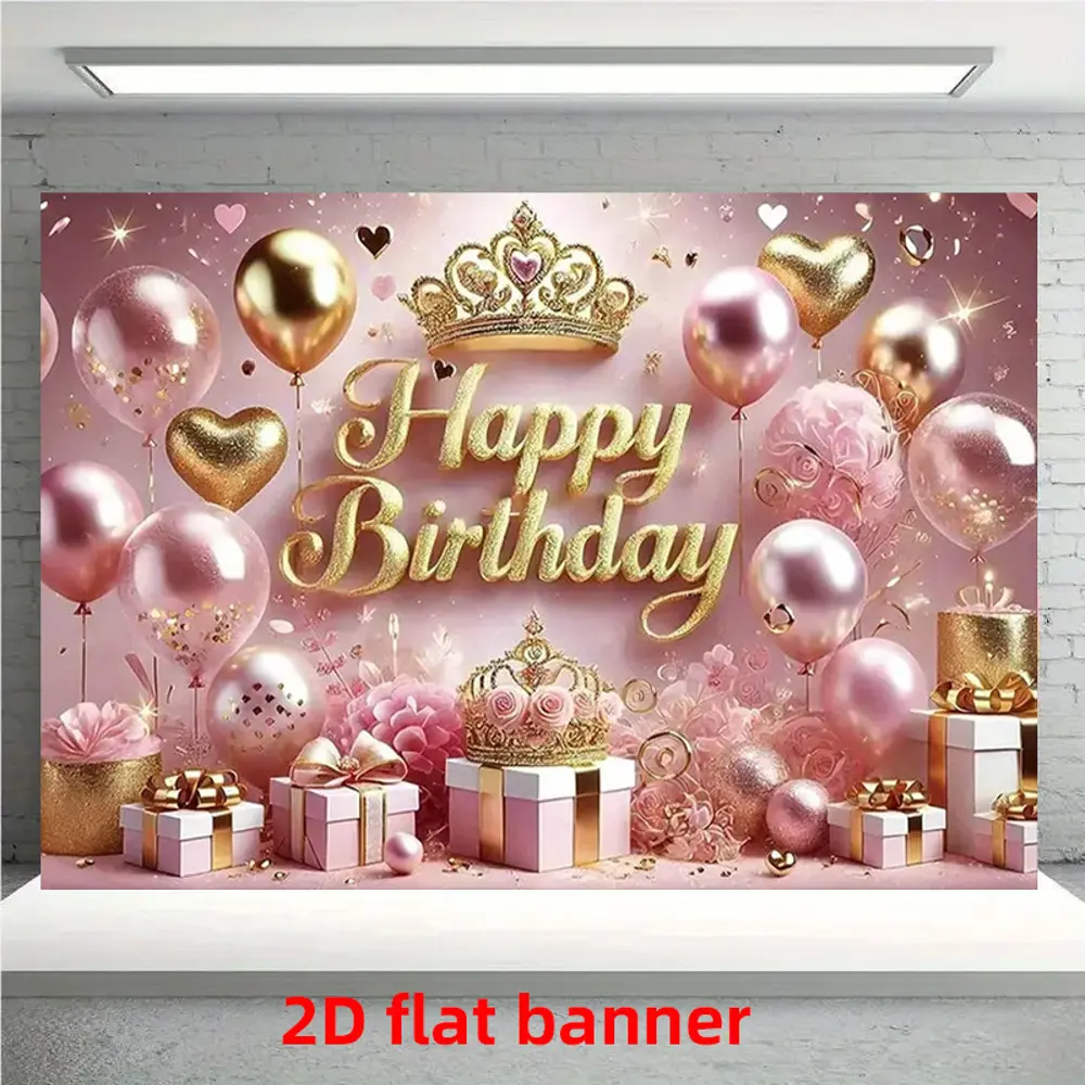 Pink & Gold 2D Flat Happy Birthday Polyester Backdrop Banner - HD Digitally Printed, Soft, Lightweight, Foldable, Portable, Washable Indoor Cloth, All Seasons, for Birthday Party Photos, Studio Portrait Shooting