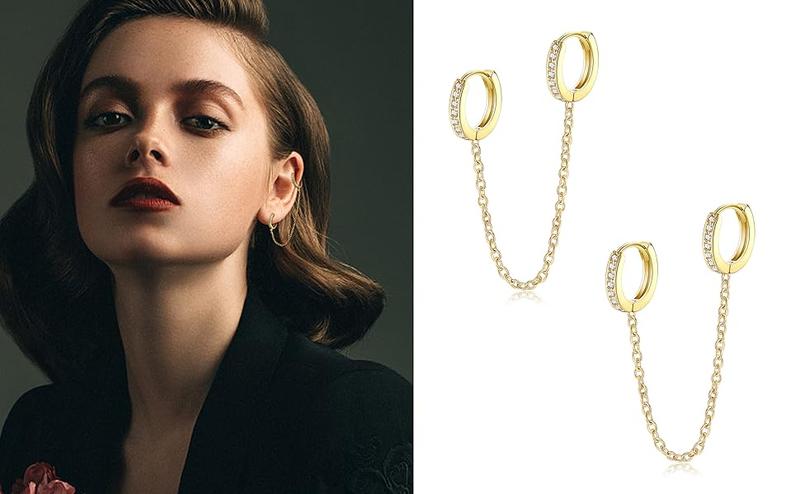 THUNARAZ 4 Pairs Trendy Double Piercing Butterfly Chain Earrings for Women Dangle Hoop Earrings Sparkled CZ Chain Hoop Cartilage Studs Earrings Set As Birthday Gifts for Best Friends Mother Trendy Style for Daily Outings Travel Christmas Gift