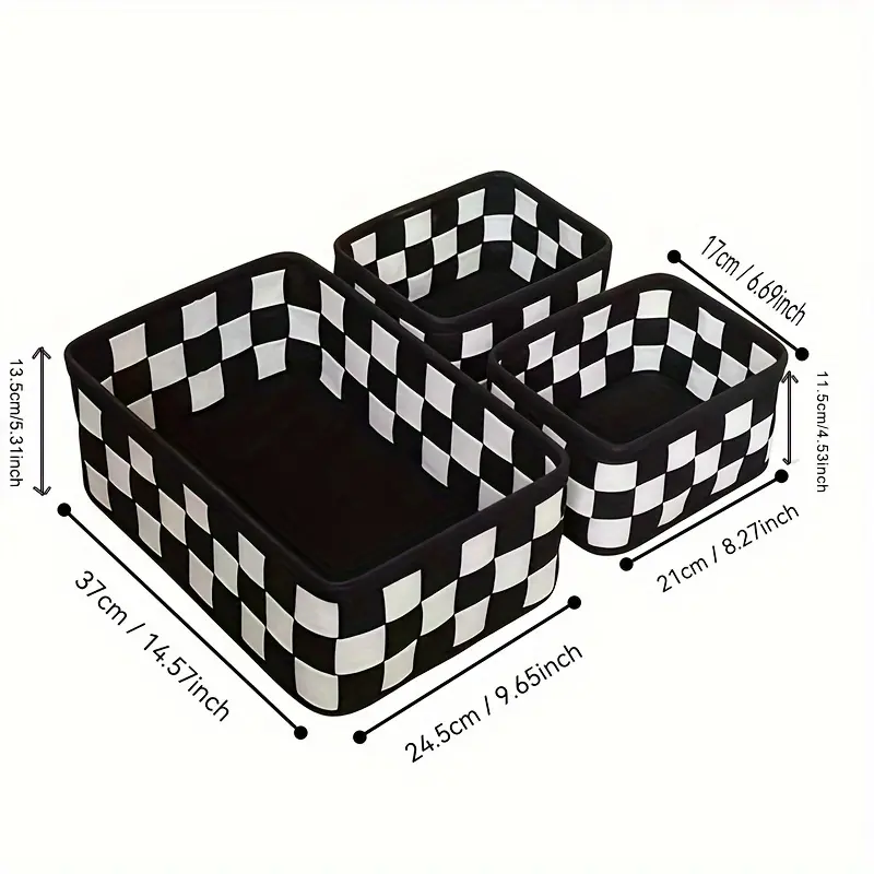 [PABHAN]Three-piece Black and White Checkered Desktop Storage Box, A Classified Item Storage Basket. Made of Felt Material, The Open Storage Boxes Are Suitable for Cosmetics, Toiletries, Snacks and Remote Controls.