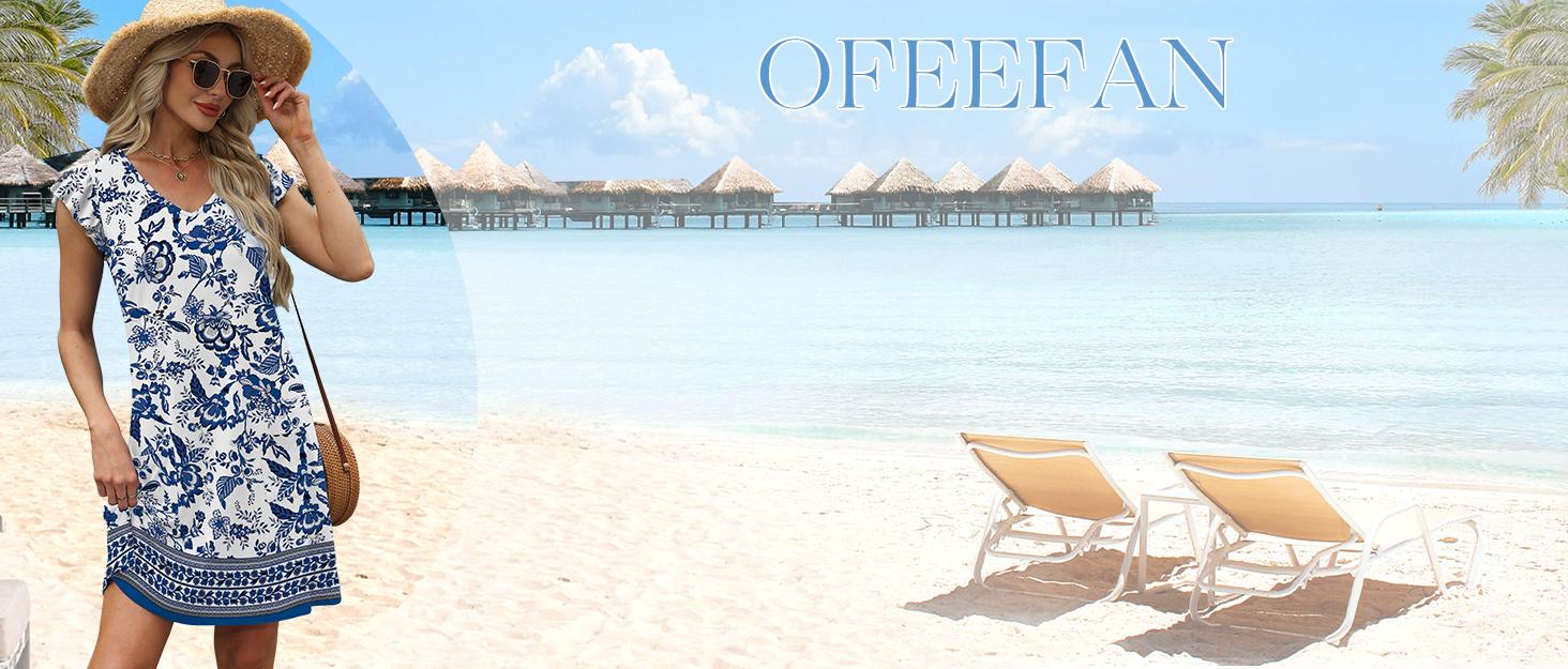 WIHOLL Womens Summer Dresses Ruffle Sleeve V Neck Loose Swing Sundresses with Pockets Plain/Print