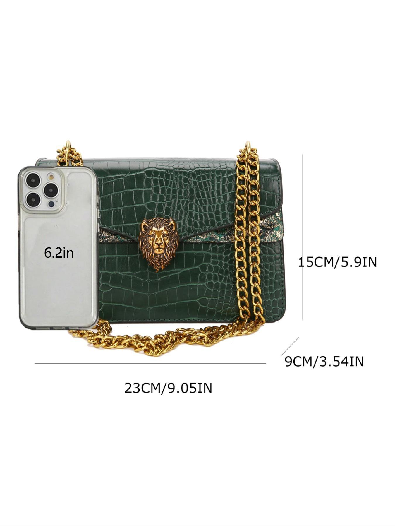 Women's Elegant Crocodile Embossed Crossbody Bag, Fashion Lion Head Decor Shoulder Bag for Daily Used, Casual Trendy Versatile High-quality Daily Commuting Bag, Chain Crossbody Bags