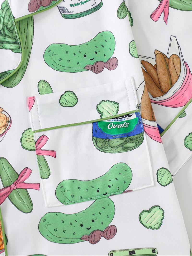 2-Piece Vegetable Print Women's Pajama Set, Button-Up Short Sleeve Top and Comfortable Shorts, Elegant Sleepwear for All Seasons