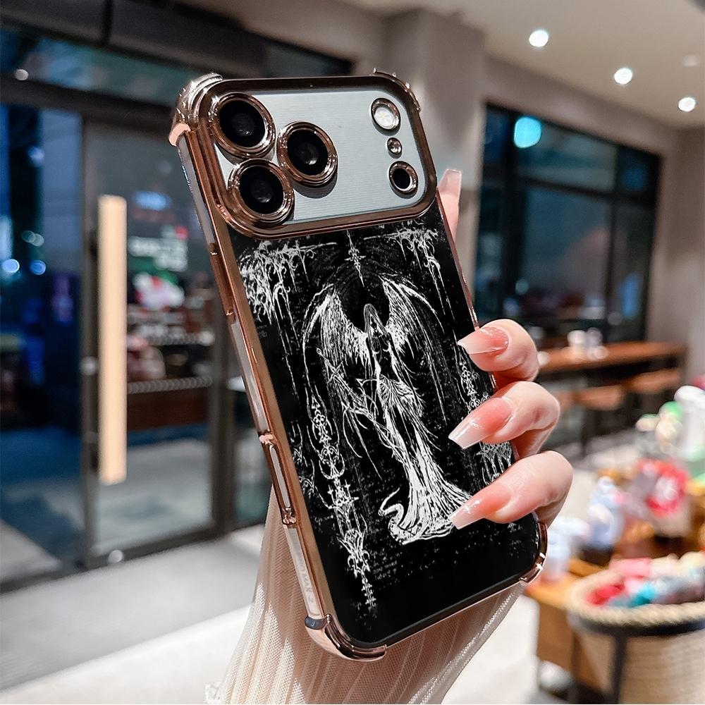 Phone Case for iPhone 17 Pro Max Air 16 15 14 13 12 11 Plus Gothic fallen angels Pattern Four Corner Anti-Fall Phone Case Transparent Electroplated Protective Cover