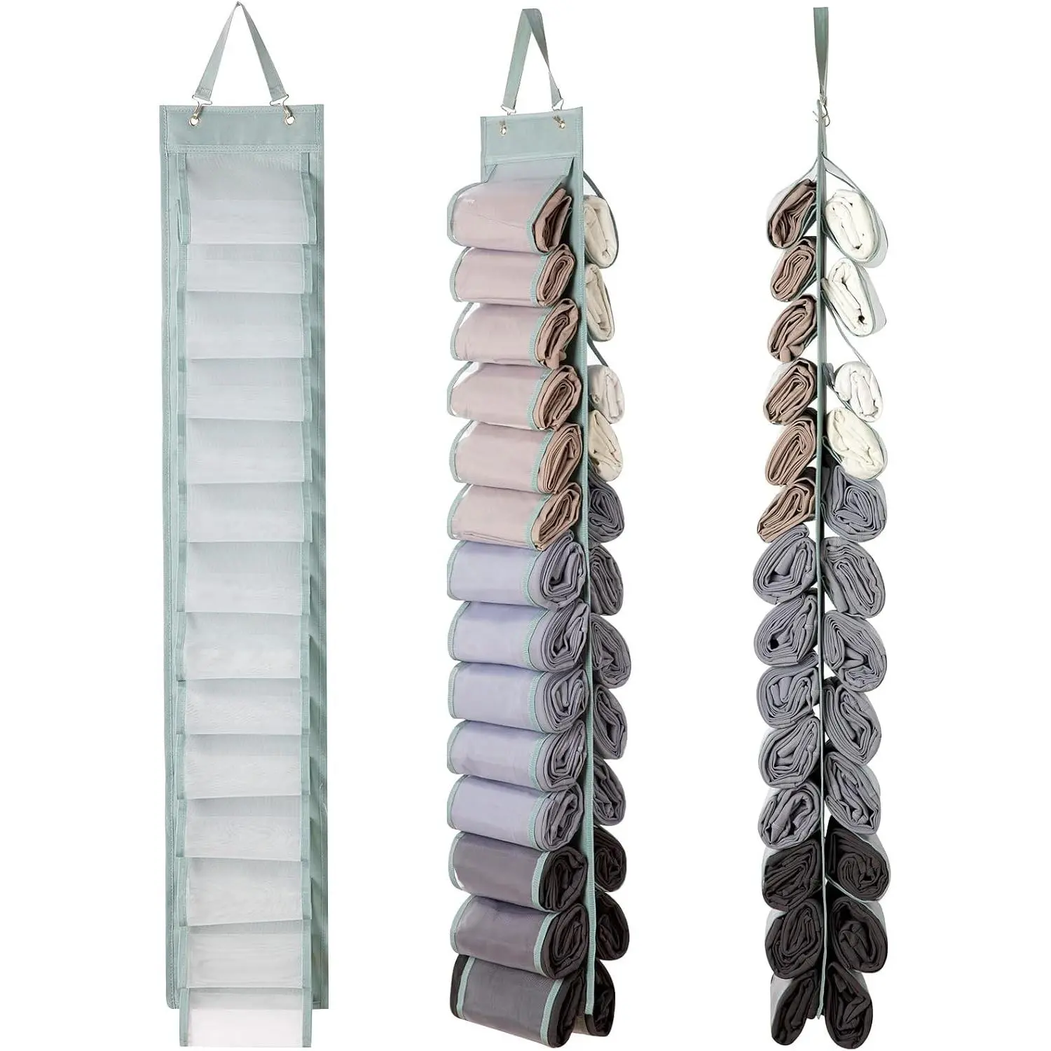 Legging Organizer Storage, T-Shirt Hanging Closet Hanging Clothes Organizer with 26 Roll Compartments for Yoga Pants, Tank Top, Towel, Underwear, Shirt (Grey)