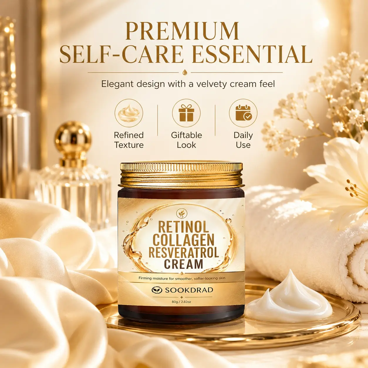 Retinol Collagen Resveratrol Cream, Firming Moisturizer, Smoother Softening Skin Care, For Face, All Skin Types, 80g