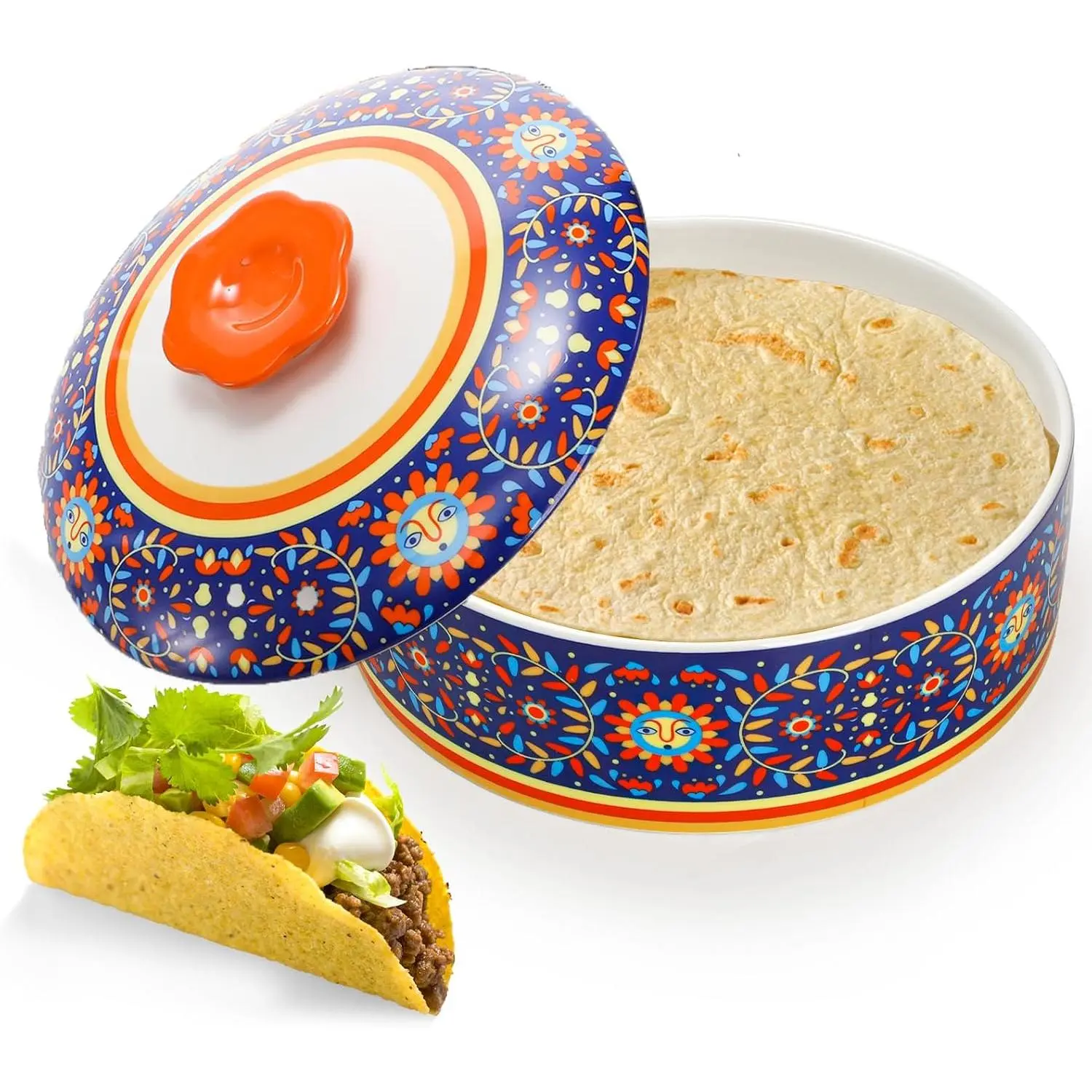 Ceramic Tortilla Warmer, 8.5 Inch Tortilla Holder with Lid, Tortilla Pancake Keeper Storage Container for Flour Taco, Chapati, Roti Bread, Microwave Dishwasher Safe