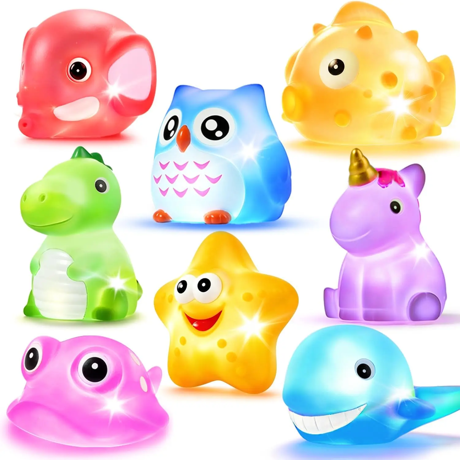 Bath Toys, 8 Pcs Light Up Floating Rubber Animal Toys Set, Flashing Color Changing Light in Water, Baby Infants Kids Toddler Child Preschool Bathtub Bathroom Shower Games Swimming Pool Partyfidget toys