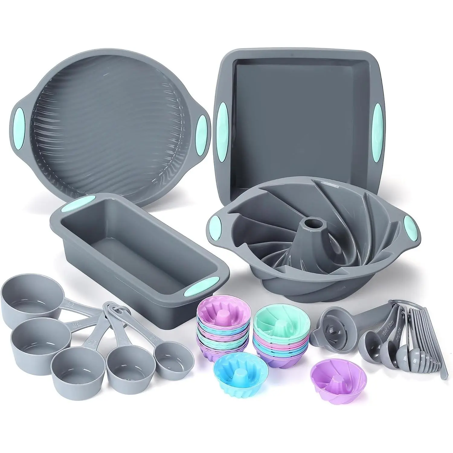 45 Pieces Silicone Bakeware Set, Heat Resistant Baking Pans, Nonstick Baking Molds for Cake, Bread and Cupcake, with Measuring Cups and Spoons Set, Light GreyGift