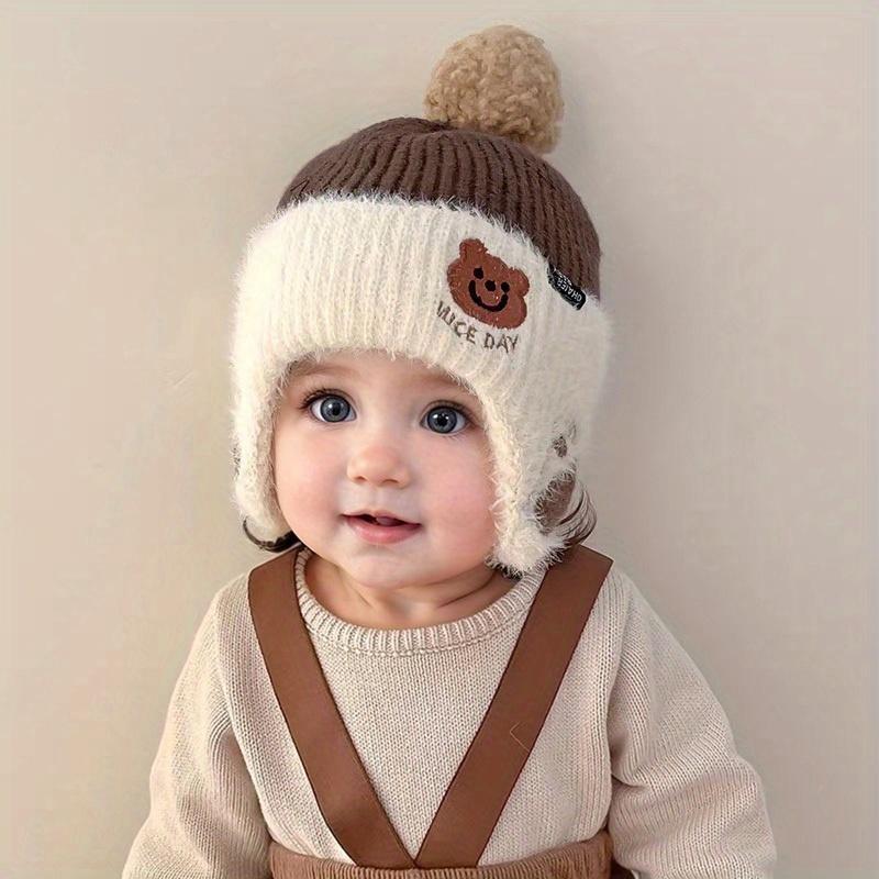 Winter Baby Bean Hat with Bear Ears and Pom-Pom for 1-3 Years Old Kids – Soft Plush Lining, Cute Face Cut, Fluffy Ears, Warm Wool Lining for Neck and Head Protection