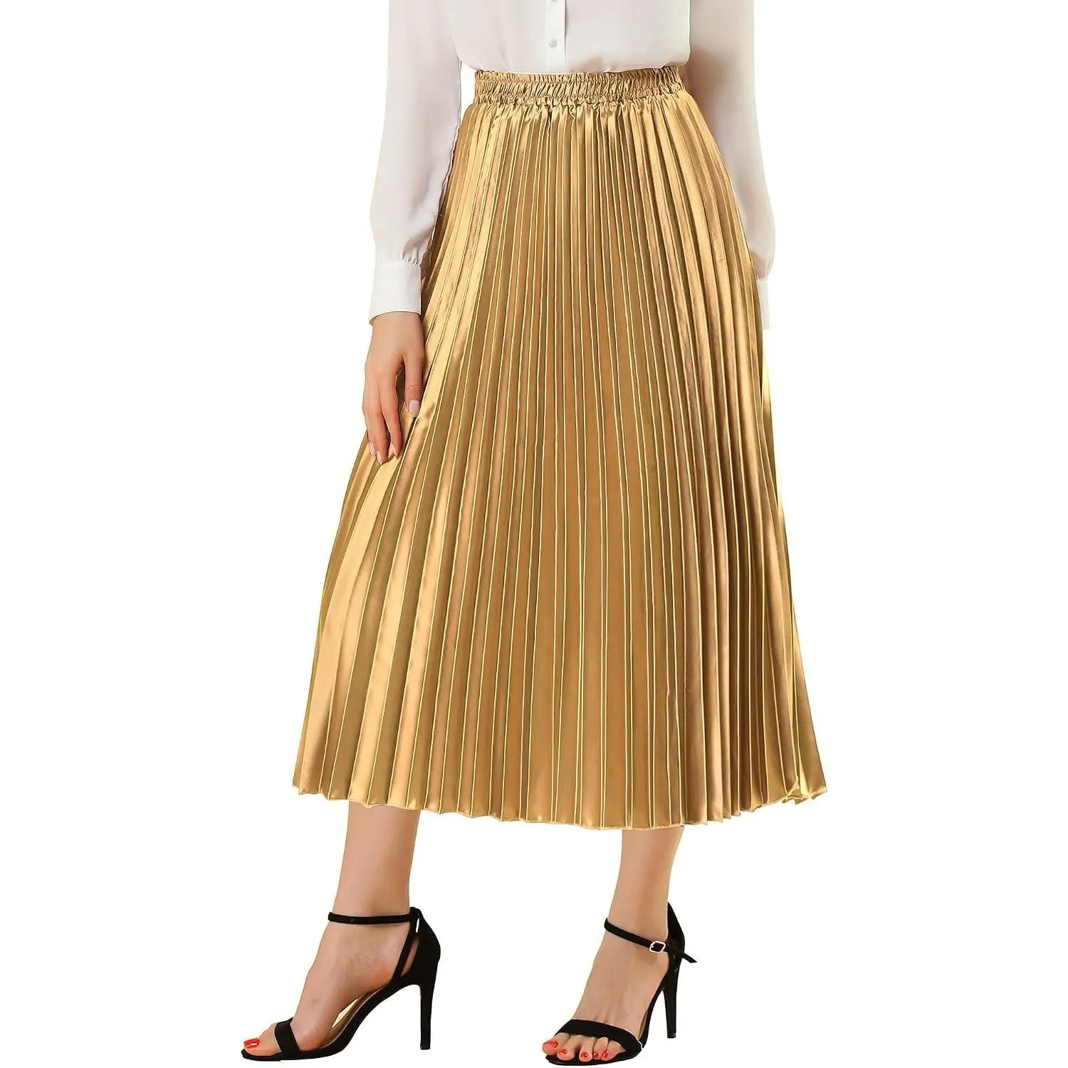 Women's Elastic Waist Party Metallic Shiny Accordion Pleated Midi Skirt