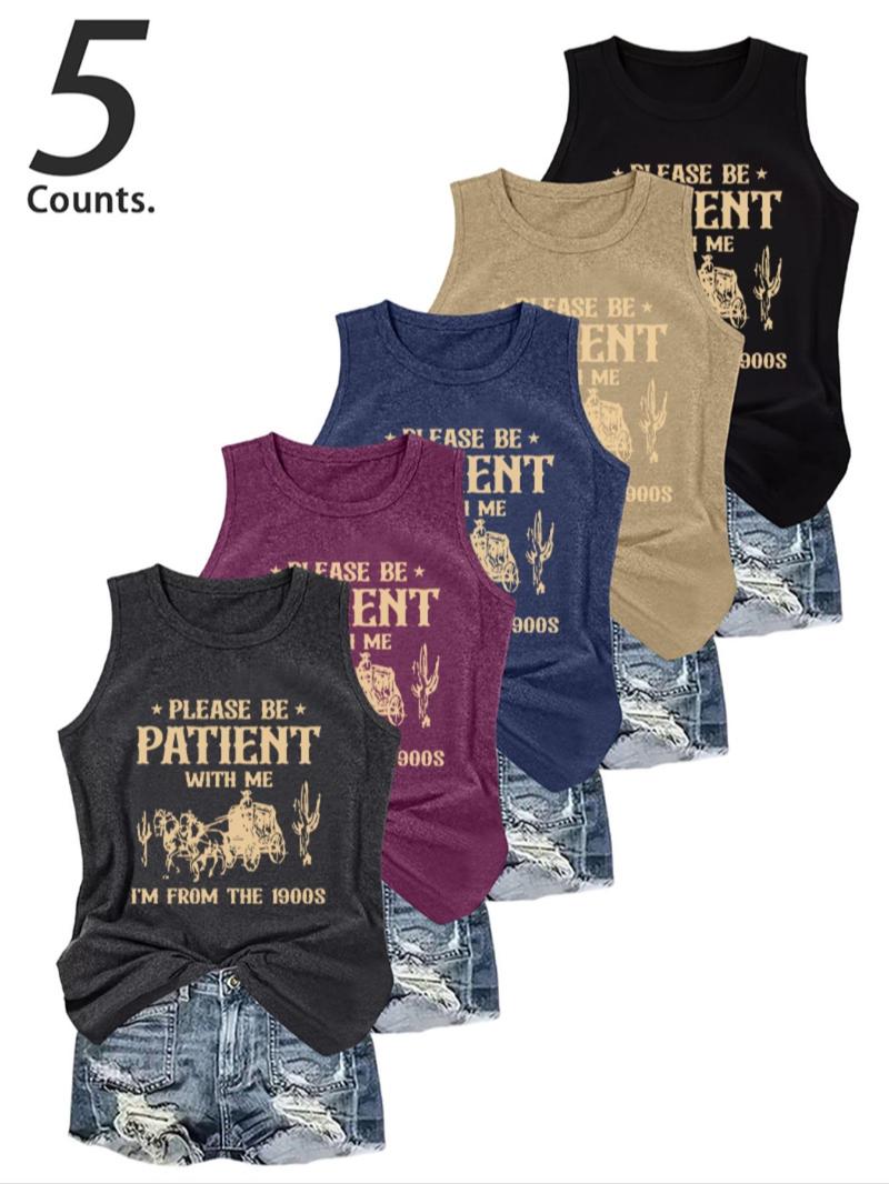 Women's Letter Print Round Neck Tank Top, Casual Sleeveless Crew Neck Top for Daily Wear, Ladies Clothes for All Seasons