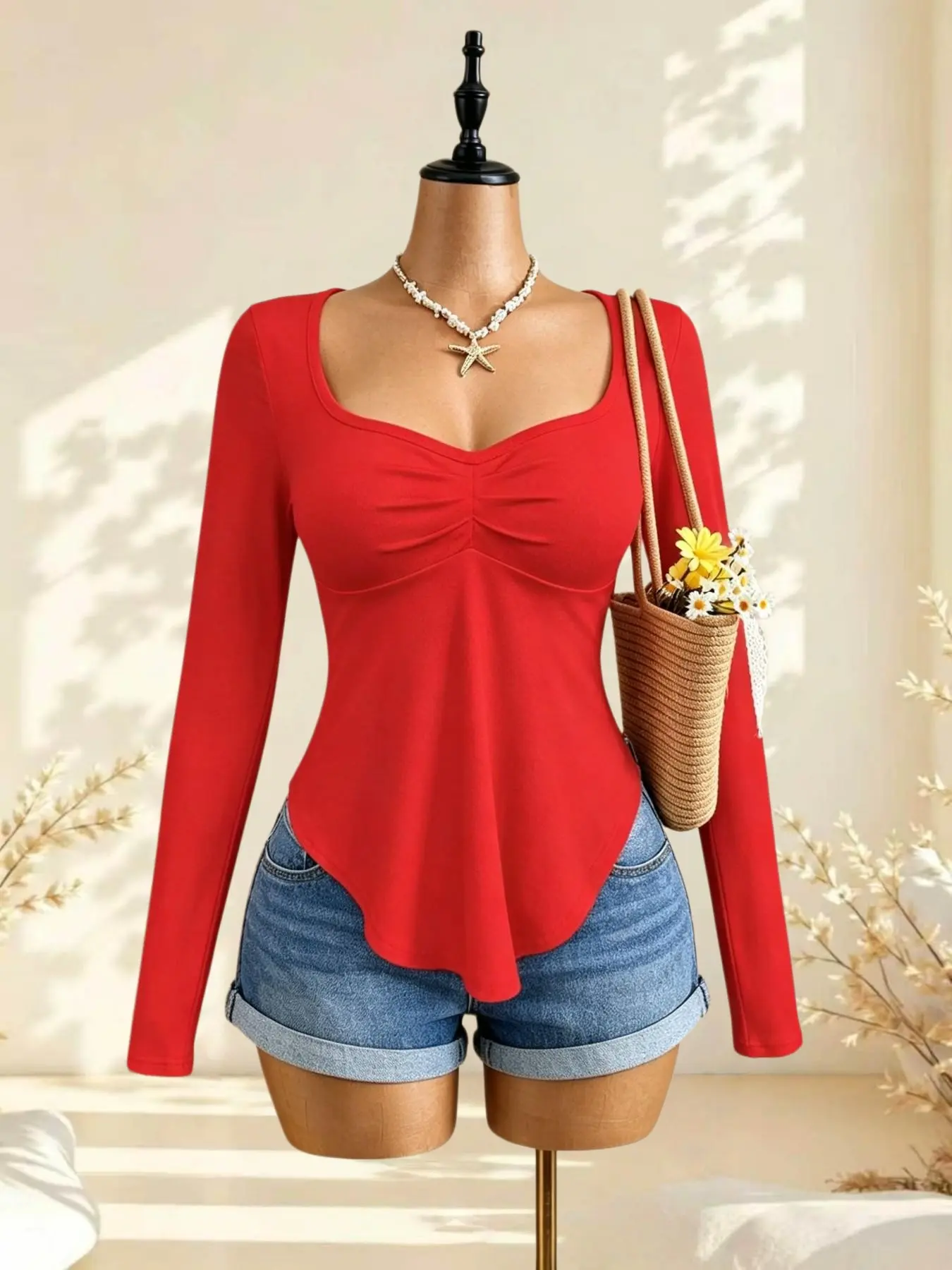 American Sweet Spicy Large Neck Slim Fit Long Sleeve Top, Chest Pleated Asymmetrical Hem, Atmosphere Base Layer Shirt