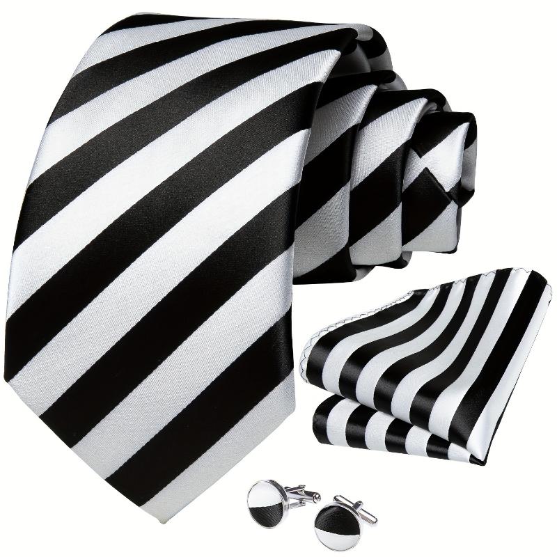 Elegant LINEZISEID Men's Striped Necktie, Cufflink & Handkerchief Set in Black and White - Polyester, Woven Style for Business & Parties, Ideal Gift