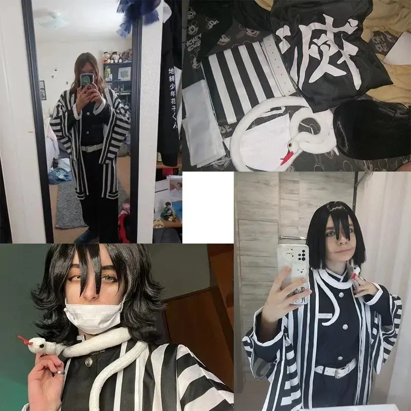 Unisex Adults Kimetsu No Yaiba Iguro Obanai Cosplay Costume Set - Haori Kimono, White Snake Accessories, Cartoon Character Demon Slayer Outfit for Halloween, Anime Event (Festive & Party Supplies)