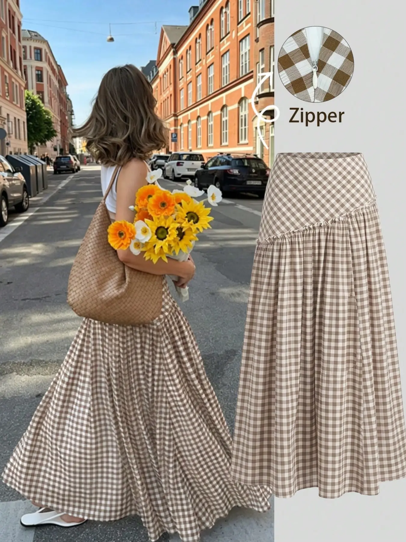 Brown Gingham Maxi Skirt Women High Waist Plaid Long Skirt Ruffle Tiered A Line Skirt Casual Vacation Cottagecore Streetwear Fashion