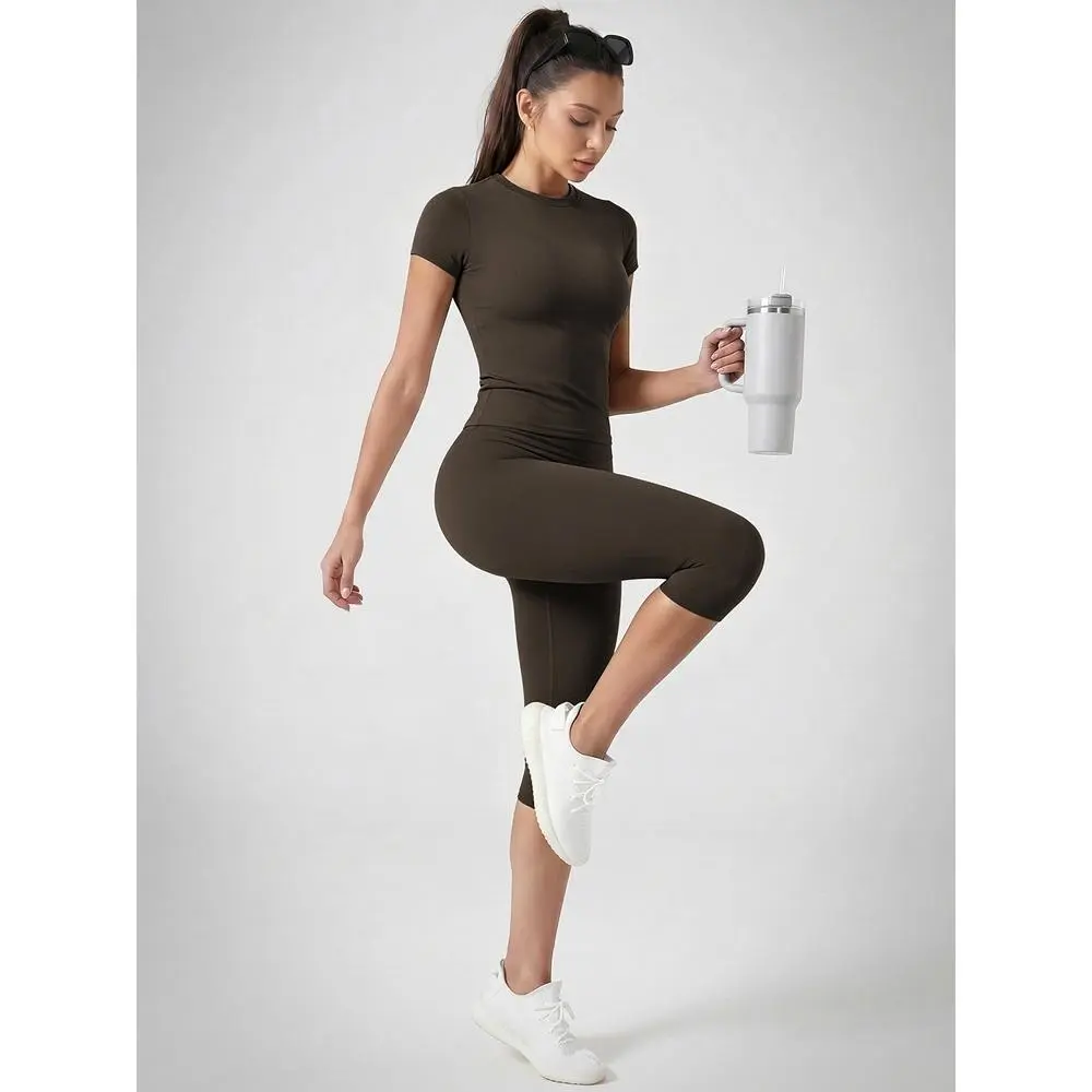 Women's 2-Piece Quick Dry Activewear Set, Soft Naked Feel Short Sleeve Top & 7/8 Length Workout Capris, Stretchy Outfit for Yoga Jogging Gym Daily Casual Wear