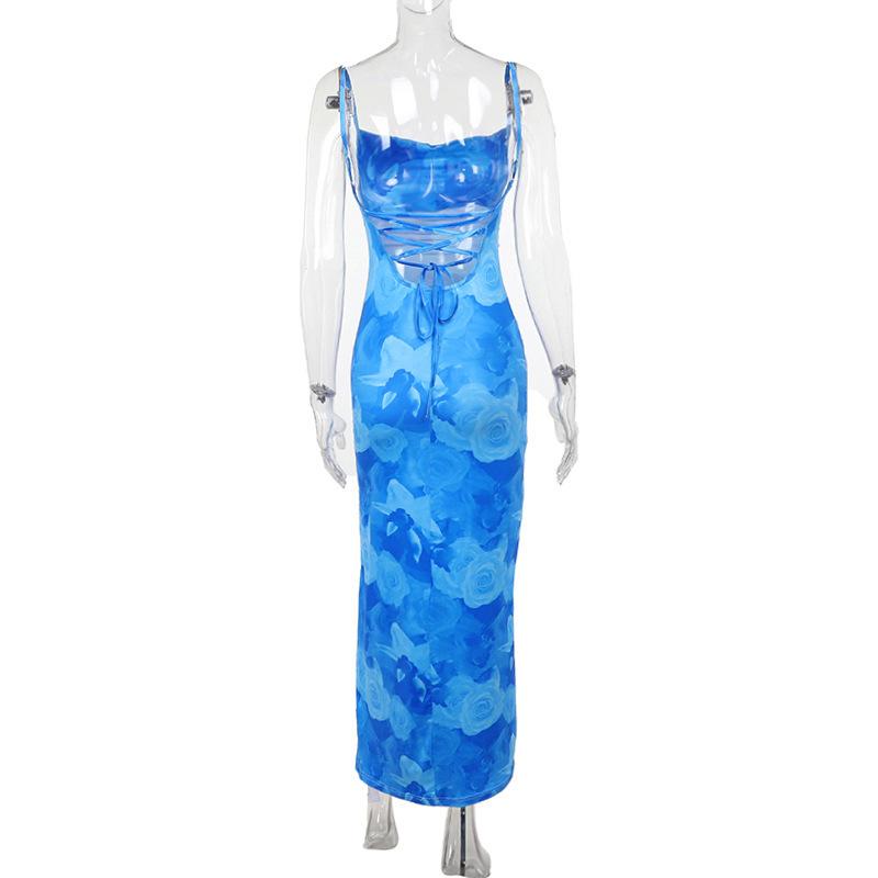 Rose Print Ruched Lace Up BacklessCami Dresses for Women, ElegantSleeveless Bodycon Capri Sun DressLong Dress for Summer, BirthdayDresses 2024, Fashion Women'sDress for Beach Holiday, Capri SunDress Valentine's Day, gift Casual Womenswear Blue Floral