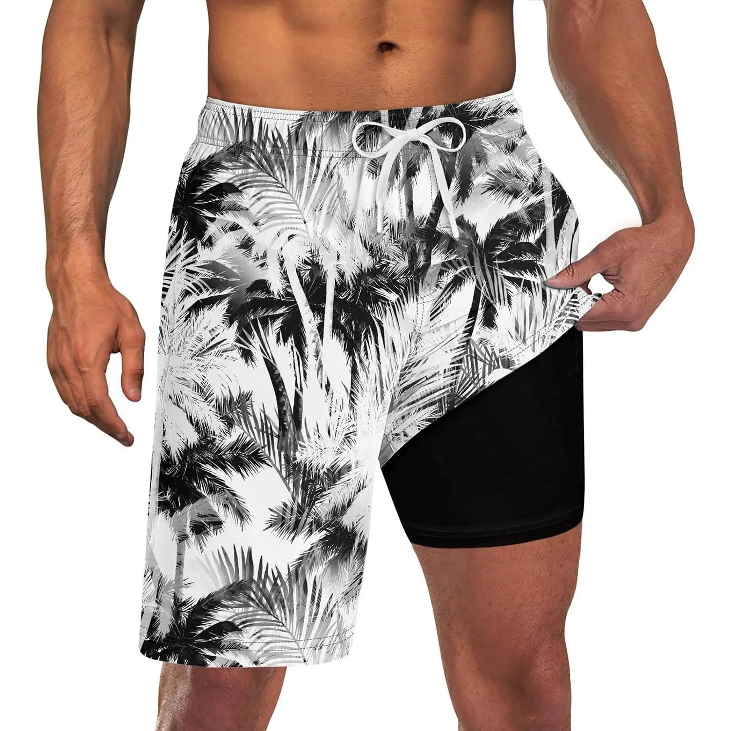 Goodstoworld Men's Funny Swim Trunks with Compression Liner 2 in 1 Quick-Dry 9" Stretch Shorts with Three Pockets