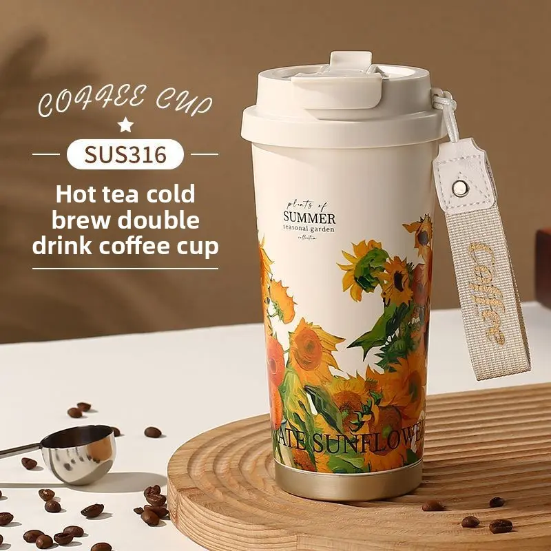 Sunflower Oil Painting Style SUS316 Stainless Steel Dual-Use Insulated Tumbler | Aesthetic Portable Coffee Mug | Gift Water Cup for Women Drinkware Flasks