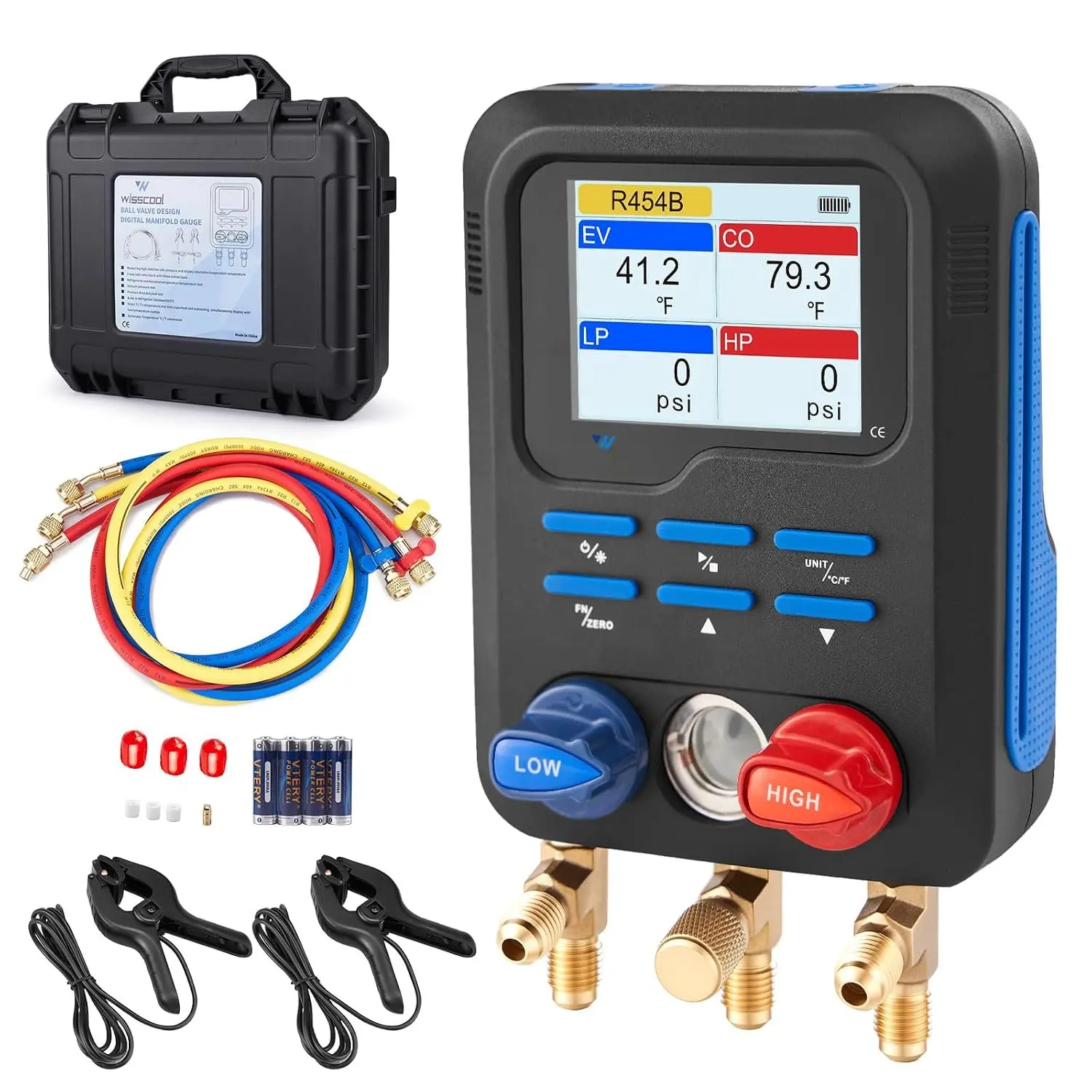 Digital Manifold Gauges HVAC, R454B R134A R410A R32 AC Gauge Set | Color LED Display, 2 Thermometer Clamp Probes, 3 AC Hoses with  Temp Leak Test for HVAC Automotive AC