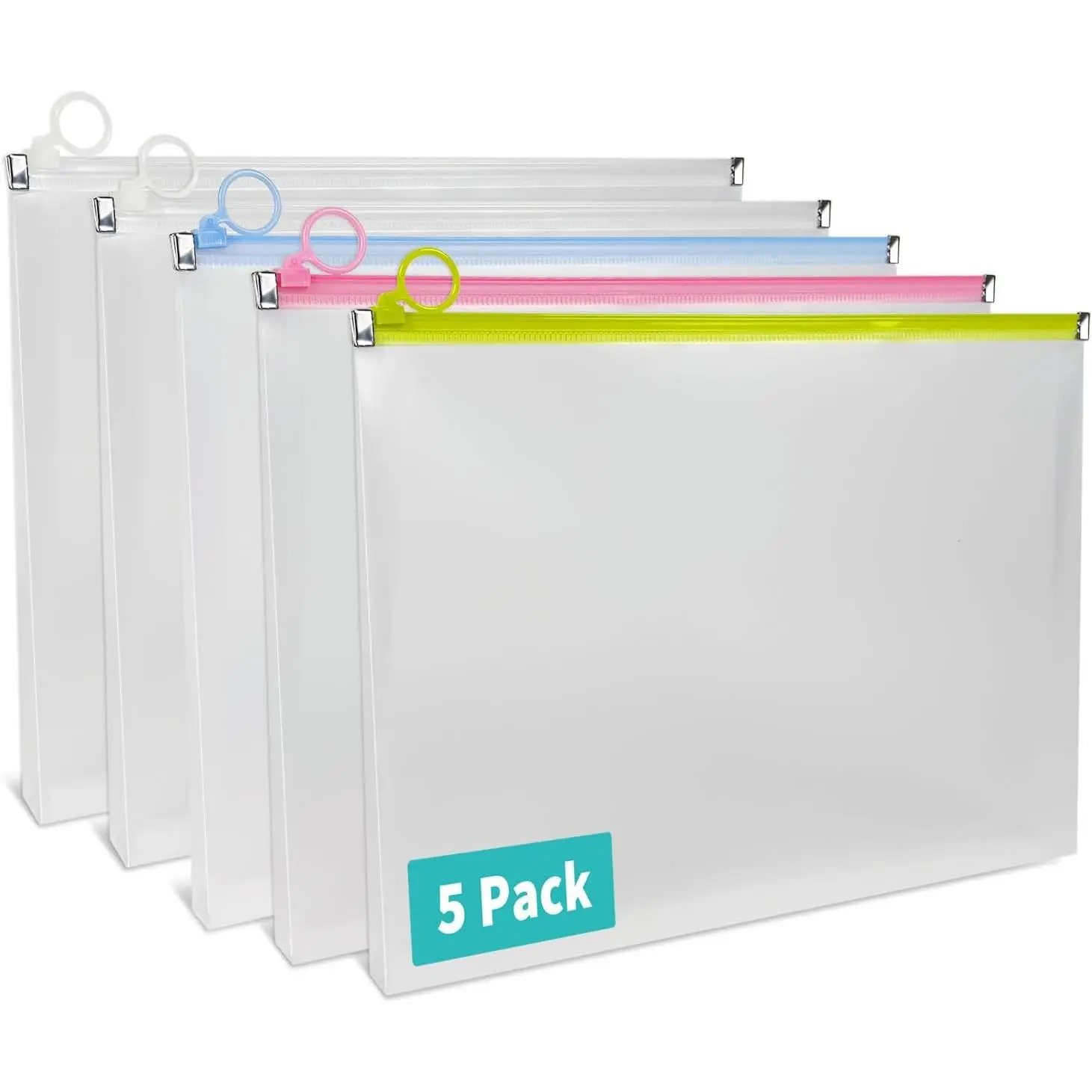 5 Pack Clear Plastic Zip Envelopes, 9 x 12 Inch, Multicolor | Expanding File Pouches, Heavyweight Plastic, Zipper Closure, Document Holders for Office, School and Classroom Supplies