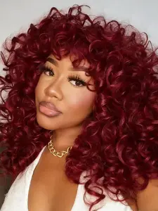 18 Inch Long Curly Afro Wig with Bangs, Glueless Soft Synthetic Fiber, Medium Length, Perfect for Daily & Cosplay Use, Curly Wigs