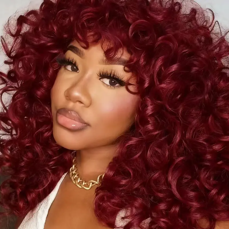 18 Inch Long Curly Afro Wig with Bangs, Glueless Soft Synthetic Fiber, Bouncy Fluffy Texture, Ideal for Daily & Cosplay Use, Curled Synthetic Wig