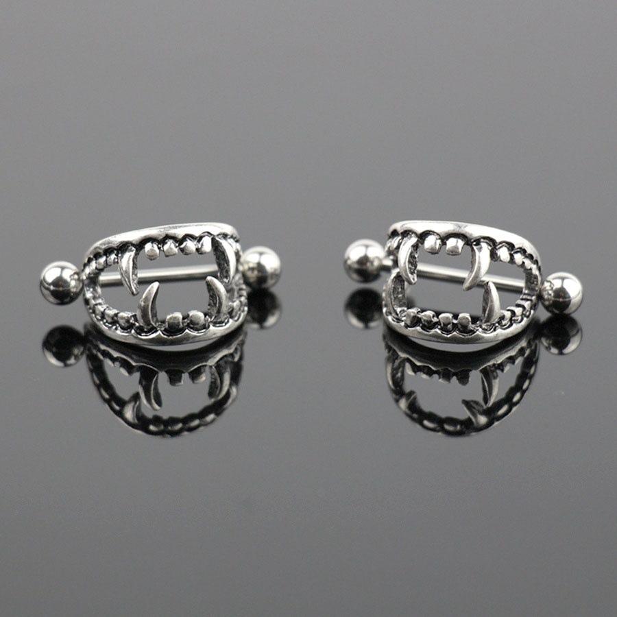 Vampire Teeth Nipple Ring, Stainless Steel Barbell, Creative Body Piercing Jewelry