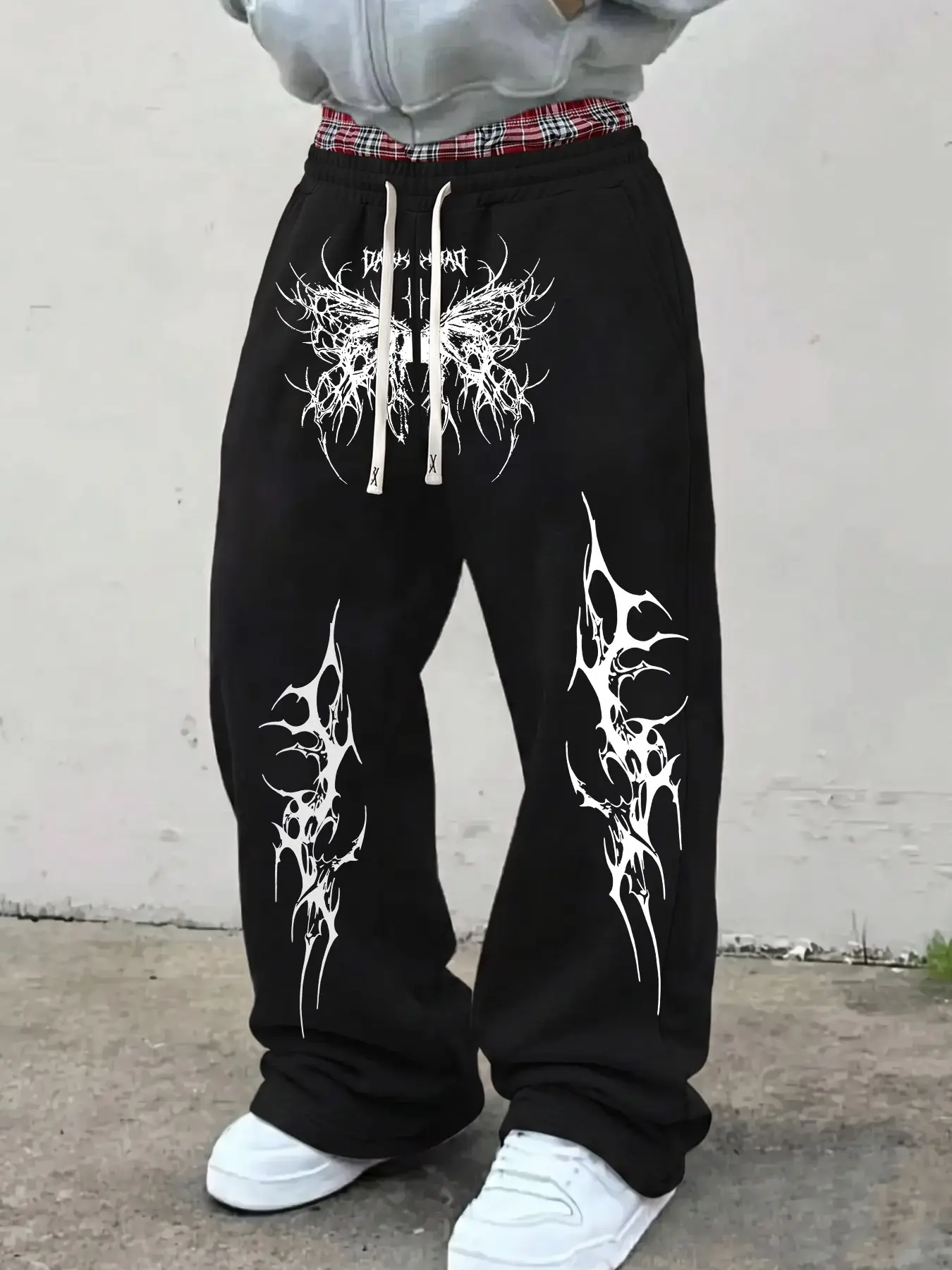 Unisex Alt Punk Gothic Street Sweatpant Heavy Thick Fleece Solid Black Red Plaid Double Layer Contrast Waist Symmetric White Thorn Butterfly Graphic Elastic Drawstring High Waist Oversized Floor Length Wide Leg Trouser For Livehouse Campus Music Festival