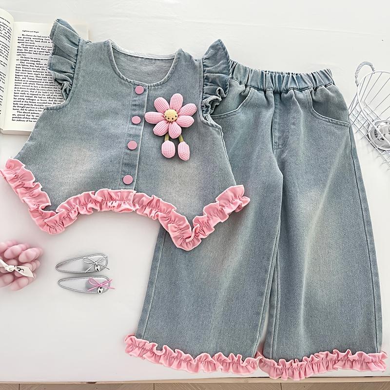 NewGirl's Spring/Autumn Denim Set: Round Neck Three-Dimensional Floral Vest, Lace-Trimmed Long Pants, and Stylish Base Layer Top - Fashionable 3pcs Set, Perfect for Outdoor
