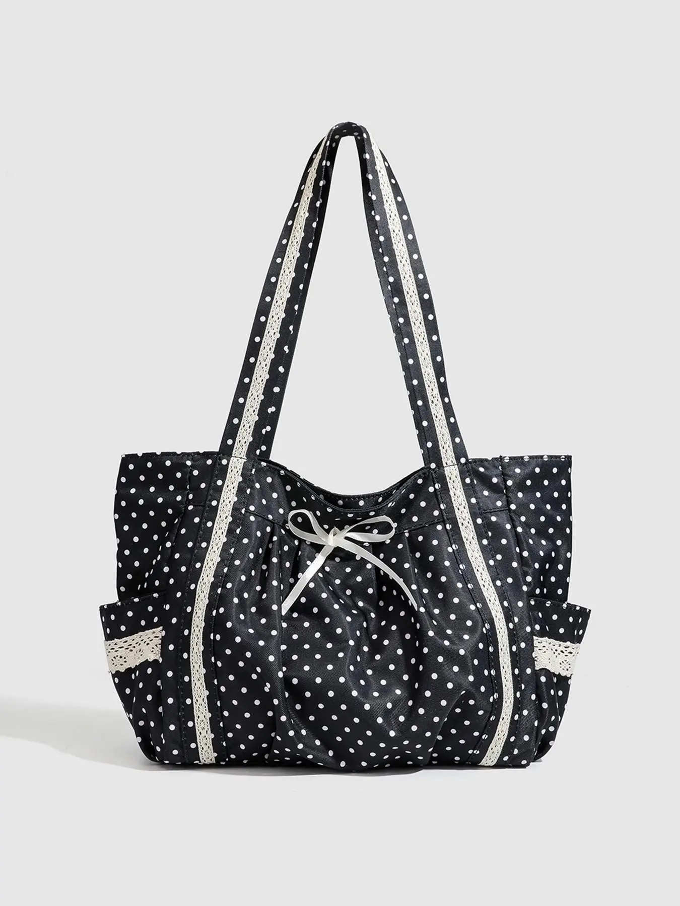 Small niche design fashionable retro polka dot tote bag, side pocket design, lace decorative details, casual and simple texture large capacity shoulder bag, can accommodate files, tablets, and personal items