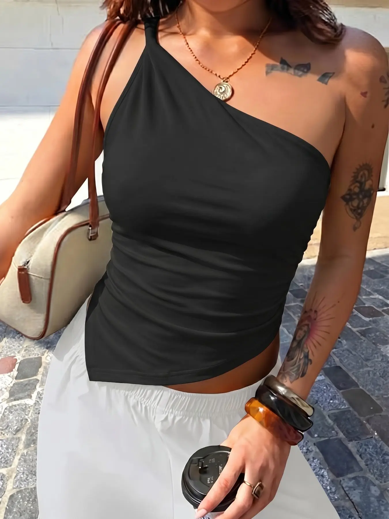 Solid One Shoulder Halter Crop Tank, Single Thin Strap & Asymmetric Neckline, Side Ruched Slim Waist, Soft High Stretch Fabric, Coquette Baddie Chic Style, Versatile Off Shoulder Top for Date, Vacation & Matching with Jeans Wide Leg Pants
