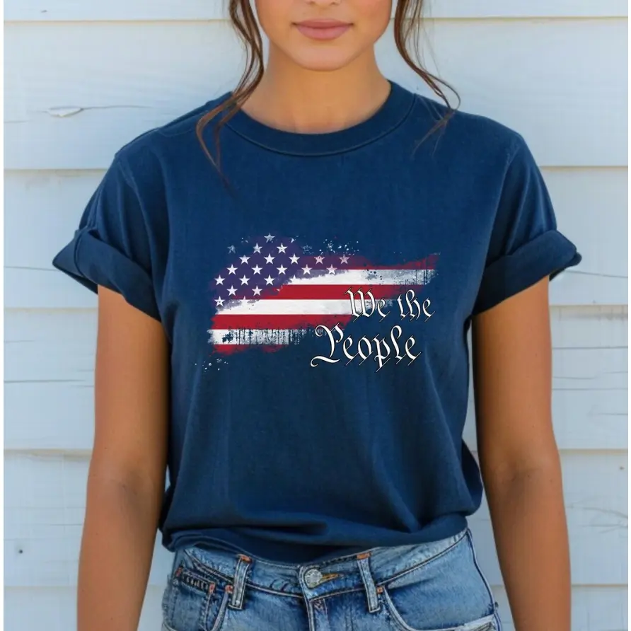 We The People Vintage American Flag Patriotic Graphic Cotton T‑Shirt, Comfort Oversized Cute Fashion Outfit, 4th Of July Holiday Best Gift For Him Her, Perfect Present For Family Friends