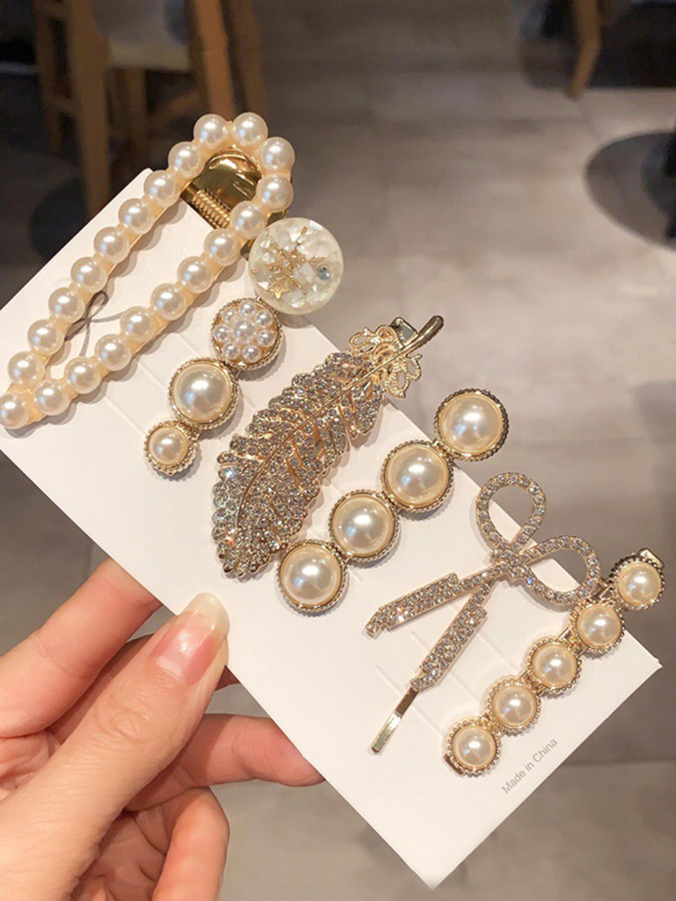 Faux Pearl and Feather Hair Clips Set for Women and Girls, Cute Bear Flower Scissors Design, Side Bang Fixed Hair Clips, Elegant and Fashionable Versatile Hair Accessories for Daily