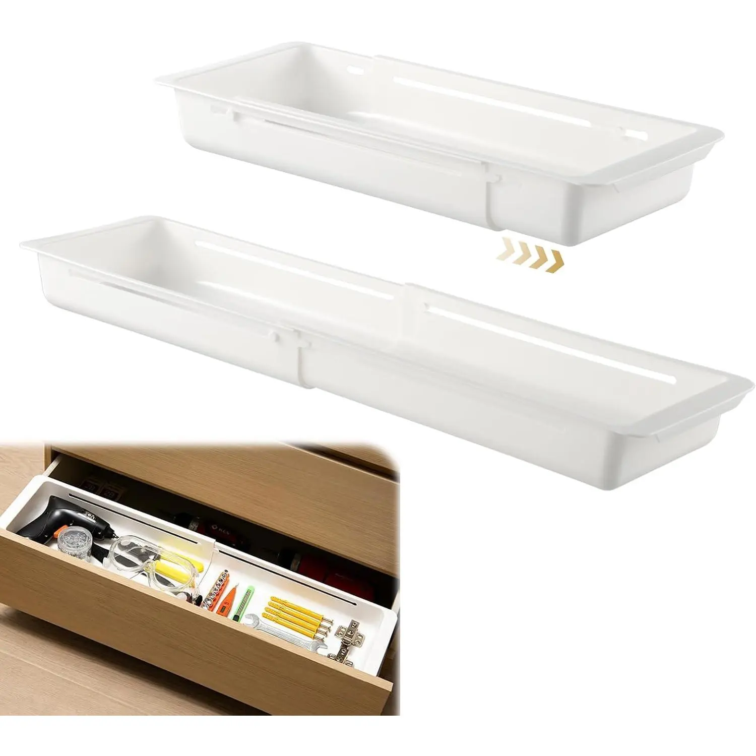 2 count Deep Drawer Organizer Bin Adjustable and Expandable Sliding Storage Trays Sliding Drawer Organizers Trays for Kitchen Utensils Office Supplies Makeup and Tools, White (17.4''-27.5'')