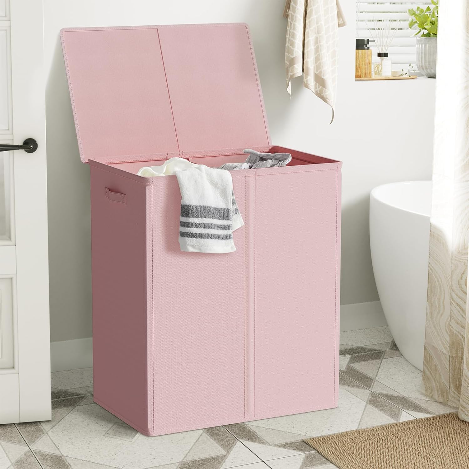 154L Double Laundry Hamper with Lid and Removable Laundry Bags, Large Dirty Clothes Hamper 2 section Collapsible Laundry Basket Dorm Room Storage for Bedroom, Bathroom, College,