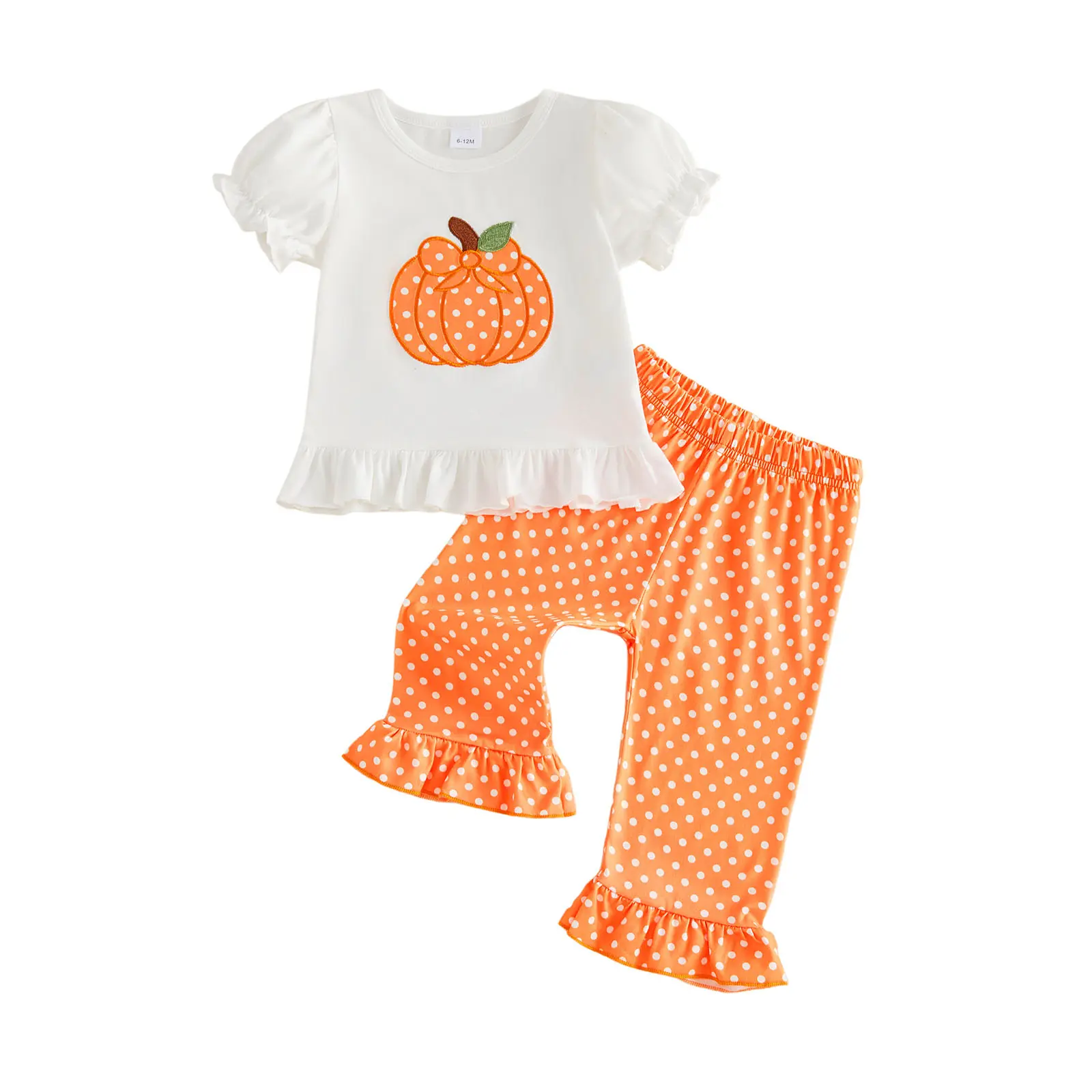 Toddler Baby Little Girl Halloween Outfit Pumpkin Embroidery Ruffled Trim Short Sleeve Tops and Pants Set 6M-4T