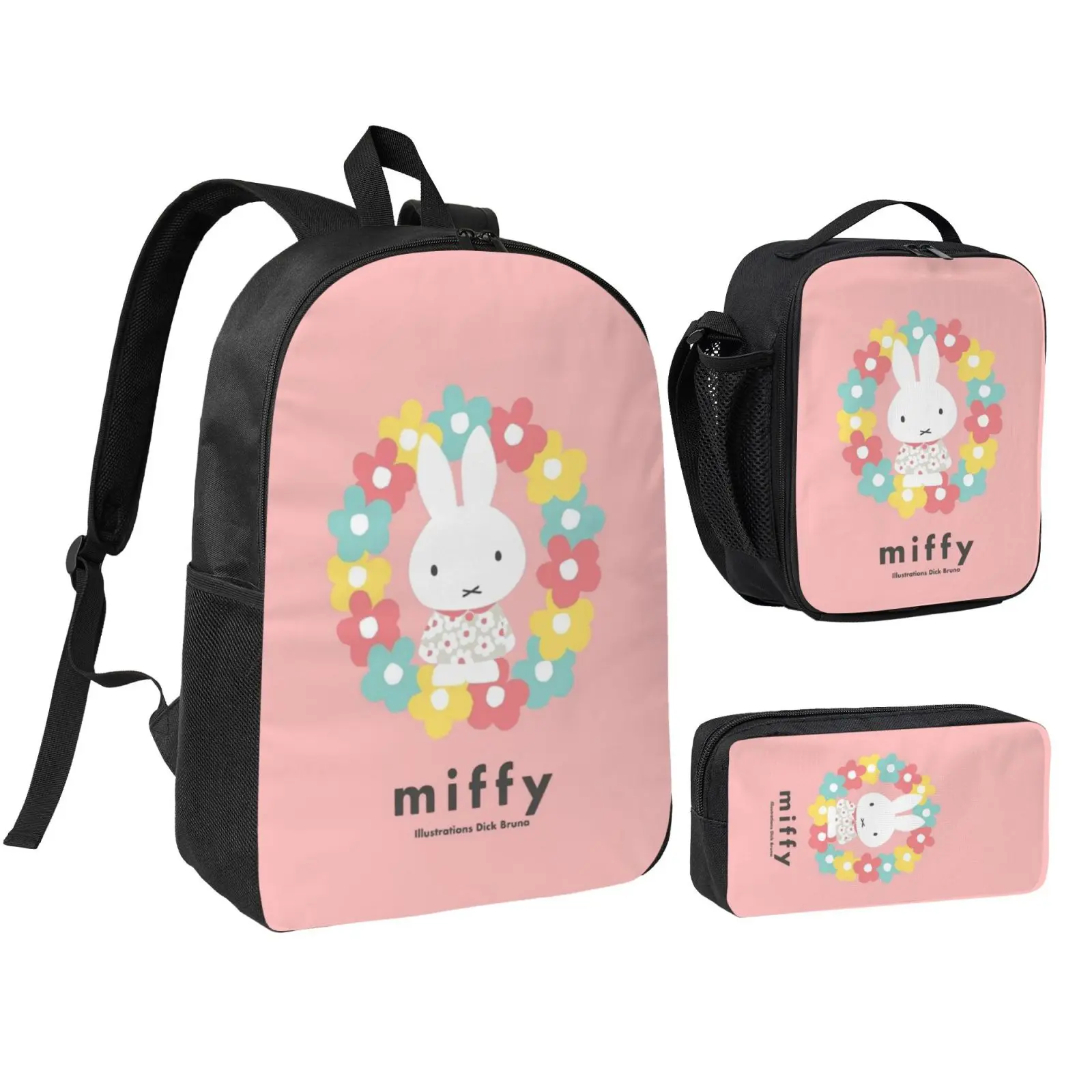 Kids' Anime Miffy Unisex 3-Pcs Back to School Haul Set - Cute Print Adjustable Strap Backpack, Insulated Lunch Bag, Pencil Case - Lightweight Waterproof Polyester All Seasons Daypack for Teens