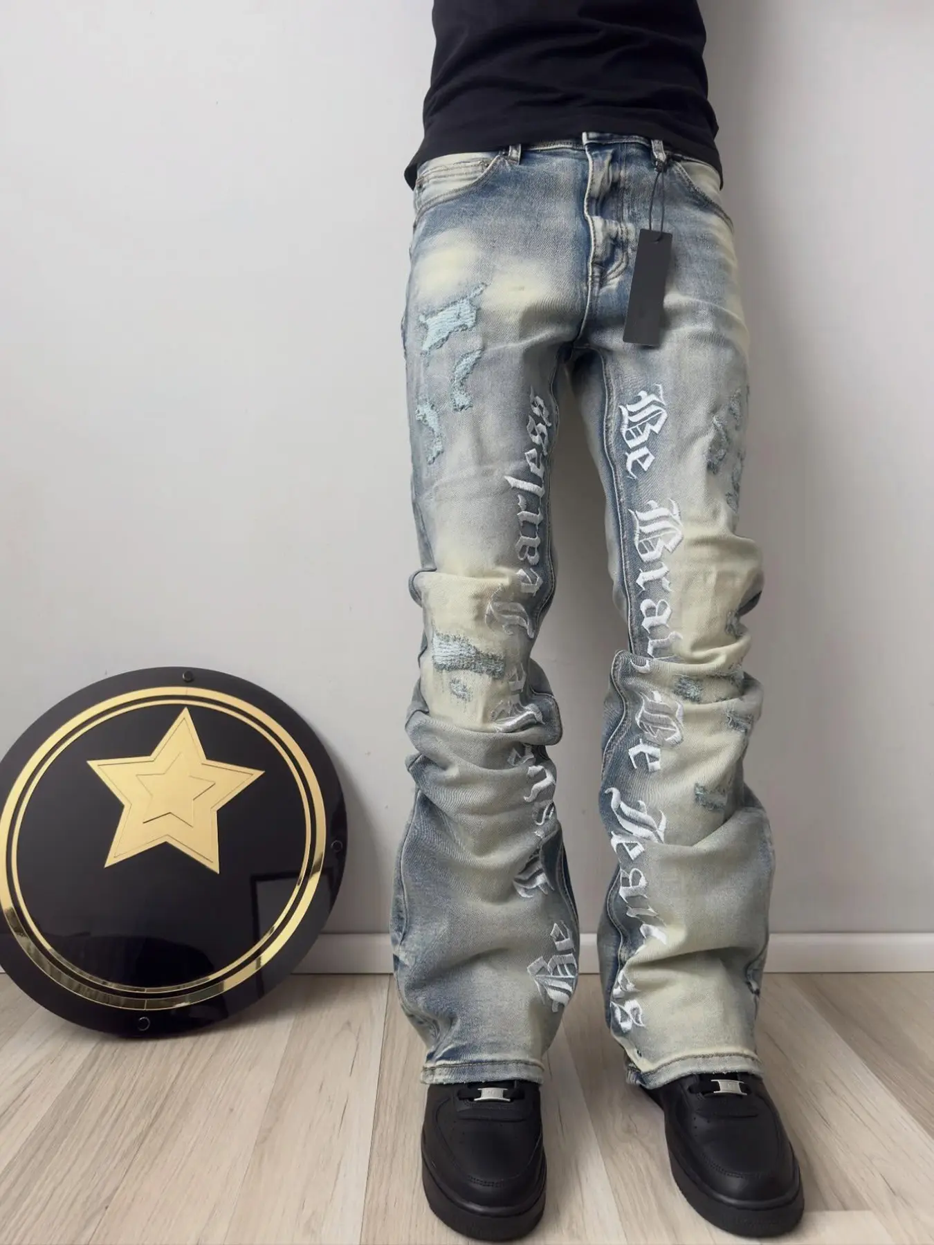 Men's Embroidered Jeans, Micro Flare Denim Jeans, Letter Stitching, Embroidery, Tight Fit, Ripped Bell Bottoms, Washed Y2K Style, All Seasons