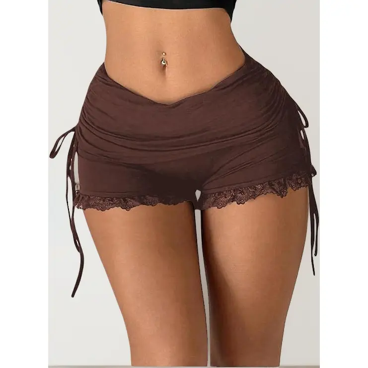 Low Rise Lace Mini Booty Shorts for Women Fold Over Y2K Ruched Casual Stretchy Ruffle Micro Shorts