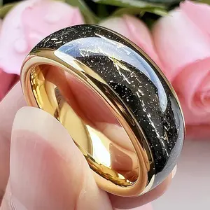 Imitation meteorite inlaid ring polishe anniversary commemoration 8mm men's fashion synthetic golden foil stainless steel ring
