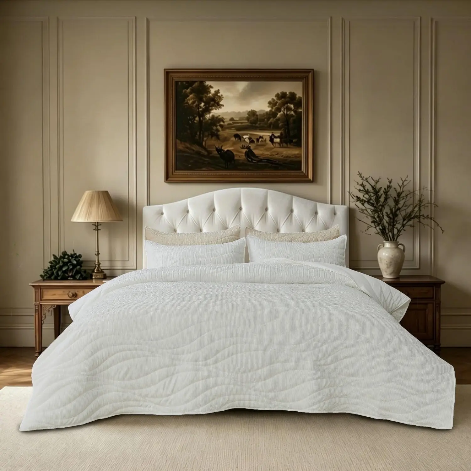 Crinkle Textured  Quilt Set with Shams, - Luxury Modern Bedding,Easy Care Comforter,Ultra-Soft,Lightweight & Breathable, , Throne White
