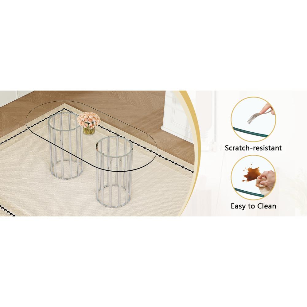 71 inch oval tempered glass dining table,black double column light luxury style,tempered glass scratch resistant and easy to clean.Suitable for 6-8 people dining, modern light luxury restaurant table.