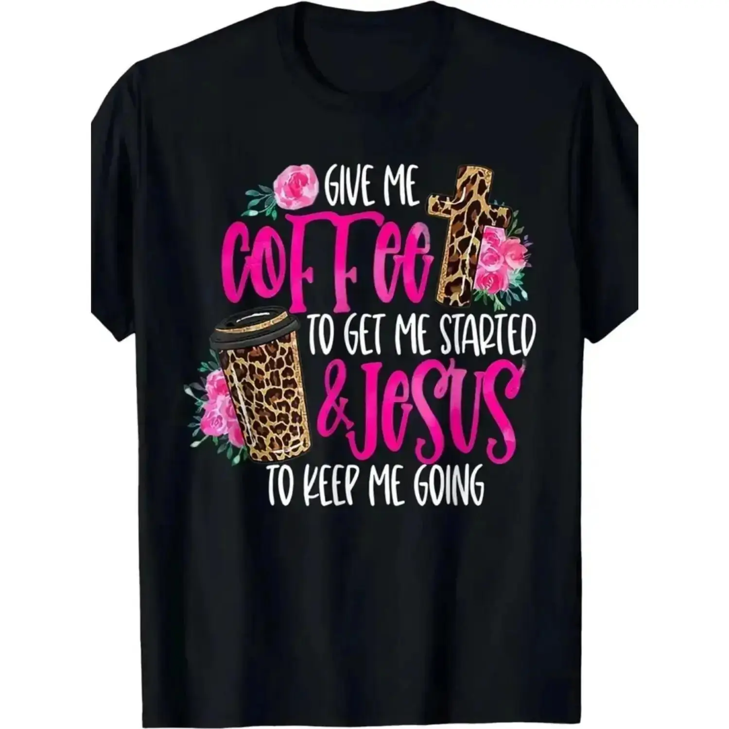 Women's Short-Sleeve Round Neck Humorous Coffee & Faith Graphic Print T-Shirt, Black Loose-Fit Lightweight Casual Top for Brunch, Relaxed Weekends, Shortsleeve