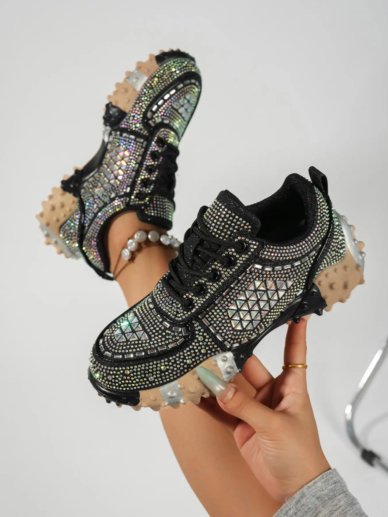 Women's Fashion Glitter Sports Shoes, Thick Sole Wedge Heels, Sparkly Rhinestone Athletic Shoes, Trendy Sequin Wedding Shoes for Bride Dress