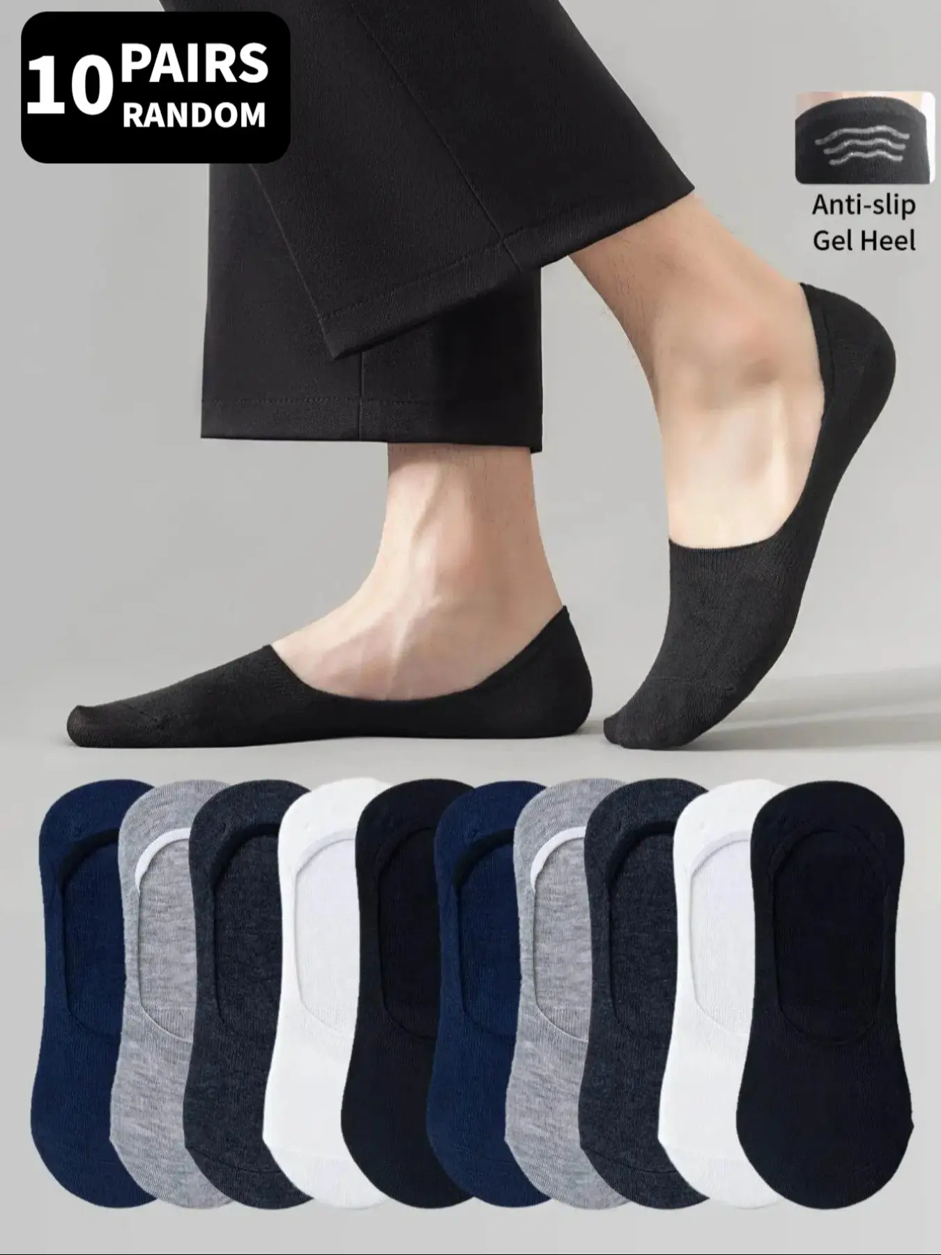 10-Pair Assorted Colors Men's Extra Large Size Heel-Glued Anti-Slip Ultra-Low Cut Invisible Casual Boat Socks for Daily Wear or Sports Non Slip Socks Sock Sets Sock Set Foot