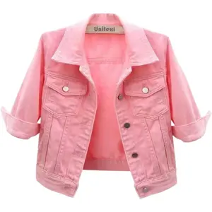 Cropped Denim Jacket for Women, Casual Light Wash Trucker Style Outerwear with 3/4 Sleeves for Everyday Wear