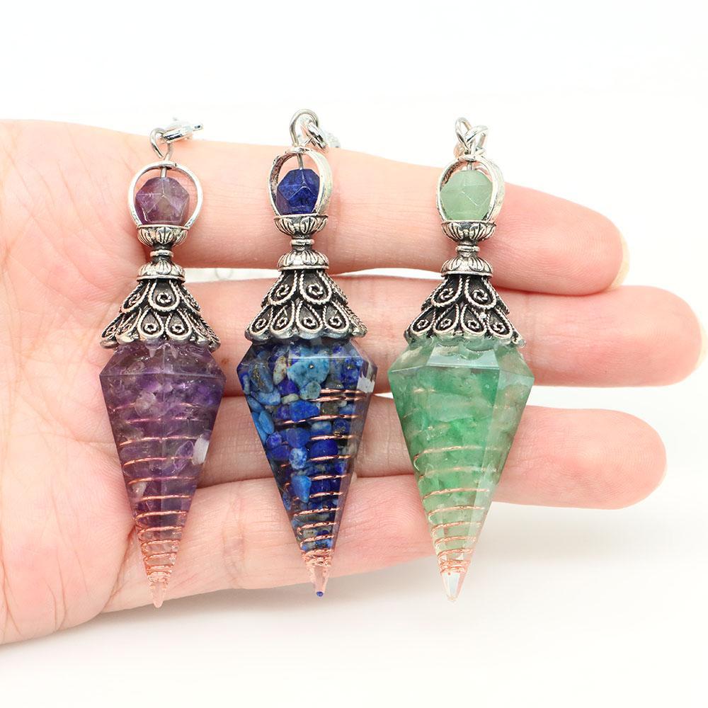 Natural Crystal Dowsing Pendulum Reiki Stone Chips Orgone Pendulums Hexagonal Pointed Reisin Spiritual Pendulo for Divination