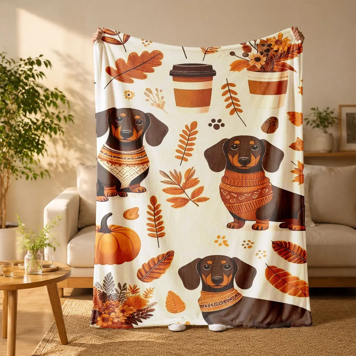 Autumn Dachshund Print Fleece Blanket - Suitable for all seasons, soft, lightweight and breathable, for bedroom, seasonal and holiday decorations - Perfect for beds, sofas, offices, camping and travel